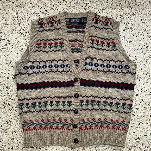 Vintage Lands End wool sweater vest medium m leather button up - Picture 1 of 7